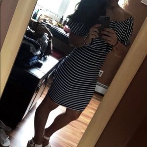 Blue and white off the shoulder dress